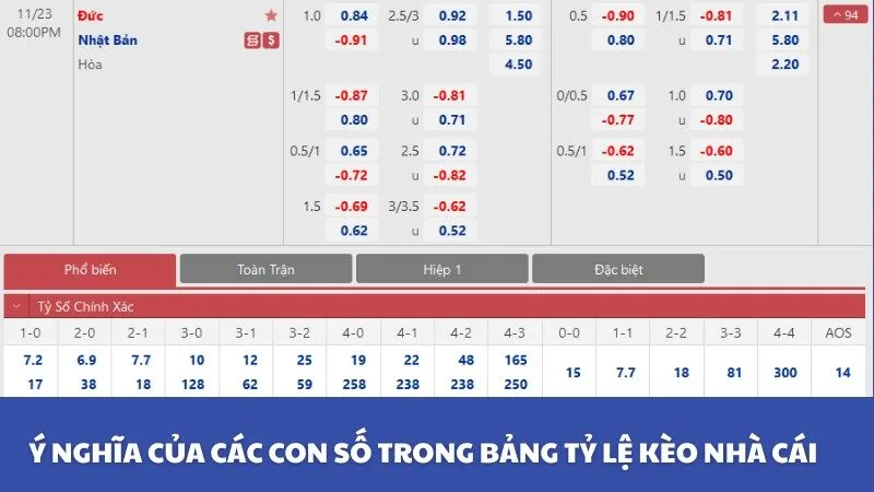 Ý nghĩa những con số trong bảng tỷ lệ kèo nhà cái